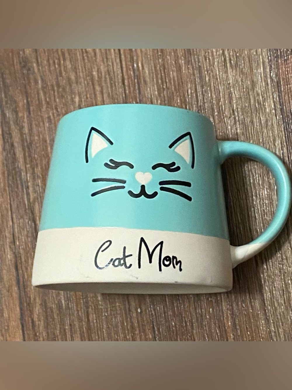 Ceramic Cat Mom Coffee Mug Cup Turquoise Teal And Beige 3.5”H x 4”W Cat Lady